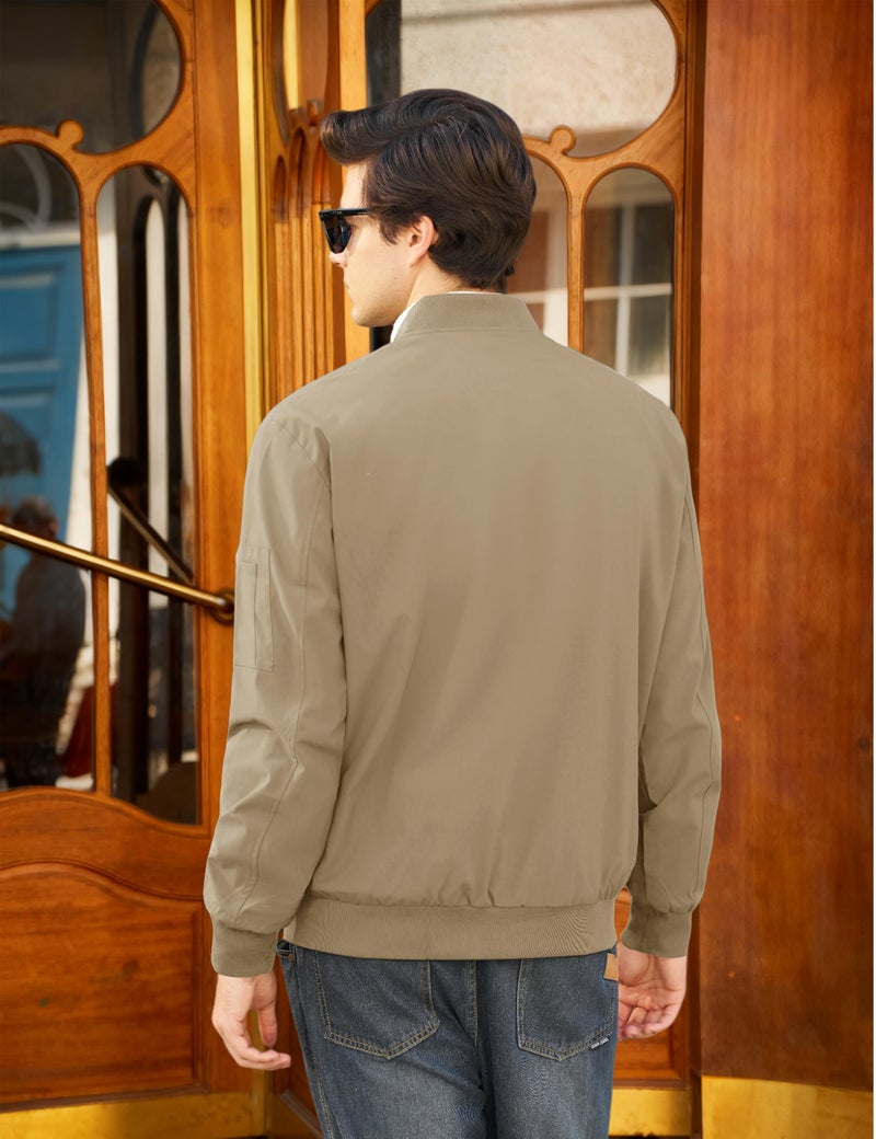CRYSULLY Men's Bomber Jacket Lightweight Fall Casual Windbreaker Full Zip Waterproof Outwear Coats Khaki M - Image 5